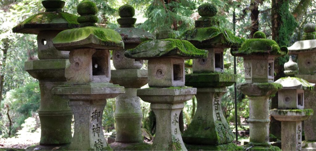 Moss-covered stone lanterns lining a forest path near Kasuga Taisha in Nara